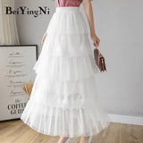 Lace Tulle Skirt Women Solid Summer Long White Black Tutu Skirts A Line Skirt Laides Elegant High Waist Elastic