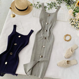 2020 Summer Pink/Red/White/Black Women Knitted Dress Vintage High Waist Button Single-breasted Slim Casual Dress For Female