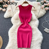 Strap Women Knitted Pencil Dress O Neck Sleeveless Elastic Slim Sheath Dresses Summer Korean Streetwear Short