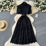 Lady Dress 2025 Summer Waists Slim Collar Short-Sleeved Hollow Hook Embroidery Single Row Buckle
