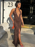 Sisterlinda Stunning Elegant Mesh V-Neck Maxi Dress Women Sleeveless Button Snake Turn-Down Collar Party Clubwear Female