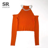 2021 Autumn knitted Sweater Women Long Sleeves Basic Knit Tops Off the Shoulder Sexy Pullovers Chain Diamond