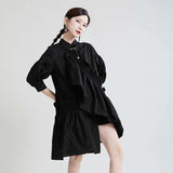 Women Blue Ruffles Irregular Shirt Dress New Lapel Three-quarter Sleeve Loose Fit Fashion Tide Spring Summer 2023
