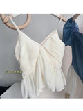 Sexy Sweet Suspender Tops For Women Summer Chic New Irregular Ruffle Pleated Design V-Neck Solid Color Ladies Cropped