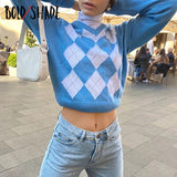 Bold Shade Indie Preppy Style Grunge Sweater Knitted Argyle Vintage Women 90s Skater Fashion Clothes Winter Long Sleeve