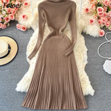 Women Pleated Knitted Dress Turtleneck Long Sleeve Elastic Slim Pencil Dress Autumn Winter Sexy Bodycon Sweater