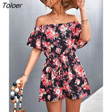 Fashion Floral Jumpsuit Women Playsuit Sexy Off Shoulder Jumpsuits-shorts Casual Wide Leg Pants Print Jumpsuit