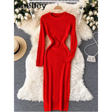 Women Autumn Knitted Dress Long Sleeve O Neck Elastic Slim Pencil Dress Korean Style Sexy Bodycon Sweater