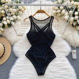 Sexy Mesh Women Bodysuits Casual Hollow Out Sleeveless Sheath 2022 Ladies Underwear Fashion Summer Solid