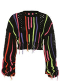 Fashion Women's Knitted Pullover O-neck Loose Long Sleeve Tassel Patchwork Hollow Out Short Sweater Autumn 2023 New