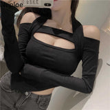 Shirts for Women Sexy Halter Long Sleeve Knit Tshirts Korean Irregular Tees Tops Fashion Woman Clothing Hollow Out