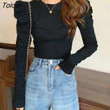 2023 Black White Puff Long Sleeve Pullovers Women O Neck Slim Fit Women's Jumper Autumn Winter Wild Bottoming Tops