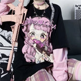 Cartoon Sweet Girls T-Shirt Long Sleeve Streetwear Harajuku Pink Gothic Casual Tops Vintage Loose Summer Woman