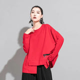 Women Red Irregular Split Joint Big Size T-shirt New Round Neck Long Sleeve Fashion Tide Spring Autumn 2023