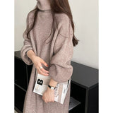 Women's Solid High Neck Roll Collar Sweater Dress 2022 Winter Khaki White Black Brown Long Loose Slim Padded Knit