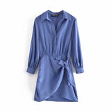 Knots Shirt Dress Mini Long Sleeve Aymmetric Short Robe Chemise Femme Za 2021 Women Spring Fashion Vestidos Cortos