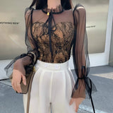 2022 Spring Elegant Women French Mesh Lace Blouse Stand Collar Puff Sleeves Sexy Perspective Slim Shirt Female