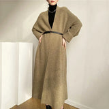 Khaki Big Size Long Knitting Cardigan Sweater Loose Fit V-Neck Long Sleeve Women New Fashion Autumn Winter 2022