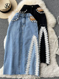 Splice Lace Jeans Women Skirt 2022 Beading Packet Split Button Y2K Fashion Sexy Ladies A Line Korean Long