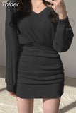 2023 Korean Mini Dress Women Sexy V Neck Sweater Fashion Elegant Bodycon Dresses Long Sleeve Pleated Robe Knit