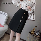 Vintage Office Ladies Skirts Buttons A Line Knee-Length 2020 Elegant Skirt Women High Waist Jupe Femme Split