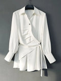 Fashion Women's Shirt Lapel Single Braested Long Sleeve Asymmetric Fold White Blouse Female Tide Summer 2023 New