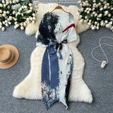 High-End Dress Women Design Feel Strapped Waist Bat Sleeve Pressure Fold Printing Irregular Dress