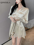 Summer Fashion Elegant Women's Skirt Set Full Flare Sleeve Lace Bandage Satin Short Shirt and High Waist Skirt 2-piece