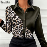 ZANZEA Autumn Women Full Sleeve Blouse Blusa Leopard stitching Lapel Chemise Bohemian Fashion Elegant Work OL Party Retro