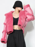 Colorblock Lapel Lambswool Jacket For Women Long Sleeve Women's Casual Short Coat Female Fashion Clothing Winter
