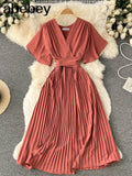 Pleated Dress Women Short Sleeve V Neck Solid A-line Dresses 2022 New Summer Chiffon Vacation Beach