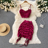Lace Drawstring Women Summer Set 2022 Ruched Zipper Elastic Top Sexy Vacation Party Club Mini Skirt Two Piece