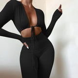 Ins Style Home Comfortable Slim Fit Suit 2022 Autumn Solid Color Long Sleeve Sexy Lacing Cardigan Trousers One-Piece