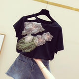 Korean Fashion Women T-shirts Short Sleeve T Shirt 2023 Summer Embroidery Flower Top Ladies White Graphic Tees