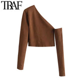 Women Fashion Hollow Out Cropped Knitted Sweater Vintage Asymmetric Neck Long Sleeve Female Pullovers Chic