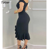 Women Fashion Elegant Sexy Plain Off Shoulder Ruffle Hem Slit Dress Solid Red Black Midi Dress Ruffles Sleeveless