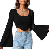 Crop Top 2000s Aesthetic Women Long Sleeve Scoop Neck Hanky Hem Solid Color Slim Fit T-Shirt y2k Clothing