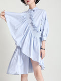 Women Blue Ruffles Irregular Shirt Dress New Lapel Three-quarter Sleeve Loose Fit Fashion Tide Spring Summer 2023
