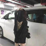 Sleeve T-shirts Women Summer Backless Hooded Sexy Thin Fashion Korean Style All-match Loose Solid Womens Tops Party