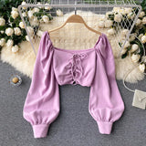 Women Fashion Korean Blouse Square Collar Long Puff Sleeve Solid Slim Tops 2022 Autumn Casual Vacation Short