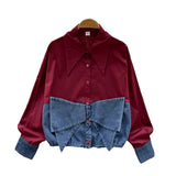 Dress Korean Fashion Design With Bow Denim Spliced Long-Sleeved Shirt Women Loose Shirt