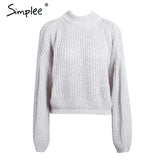 Winter lantern sleeve knitted sweater pullover Women loose round neck red sweater Female autumn casual sweater