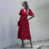 Dress Women Summer Casual Polka-dot Floral Print Midi Sundresses Black Elegant Fitted Clothing 2020 Red Dresses For