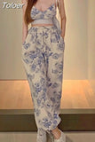 Y2k Floral Two Piece Top Pant Set Women Korean Casual High Street Summer Suits 2023 Elegant Mini Top Long Wide Leg
