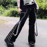 Gothic Punk Lace Trim Chain Baggy Jeans Streetwear Women Cyber Y2k Black Denim Trousers Grunge Aesthetic Pants