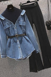 Popular Autumn New Style Personalized Denim Splice Shirt Casual Wide Leg Trousers Two Piece Elegant Women's Pants