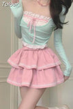 Skirt Outfits Summer Fashion 2 Piece Set Women Clothing Patchwork Crop Tops Lace Ruffles Mini Skirts Suit Korean Cute