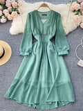 Autumn Vintage V-Neck Chiffon Dress Women Elegant Puff Long Sleeve High Waist Purple/Green/White Robe Female Casual Vestidos