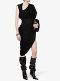 Fashion Women's Dress Slim Asymmetric V-neck Sleeveless Folds Waist Solid Color Knee-length Dresses Summer 2023 New