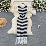 Fan Temperament Body-In-County-Necked Sleeveless Striped Knitted Dress Women's Summer Tight-Dled Ass Tuxedo